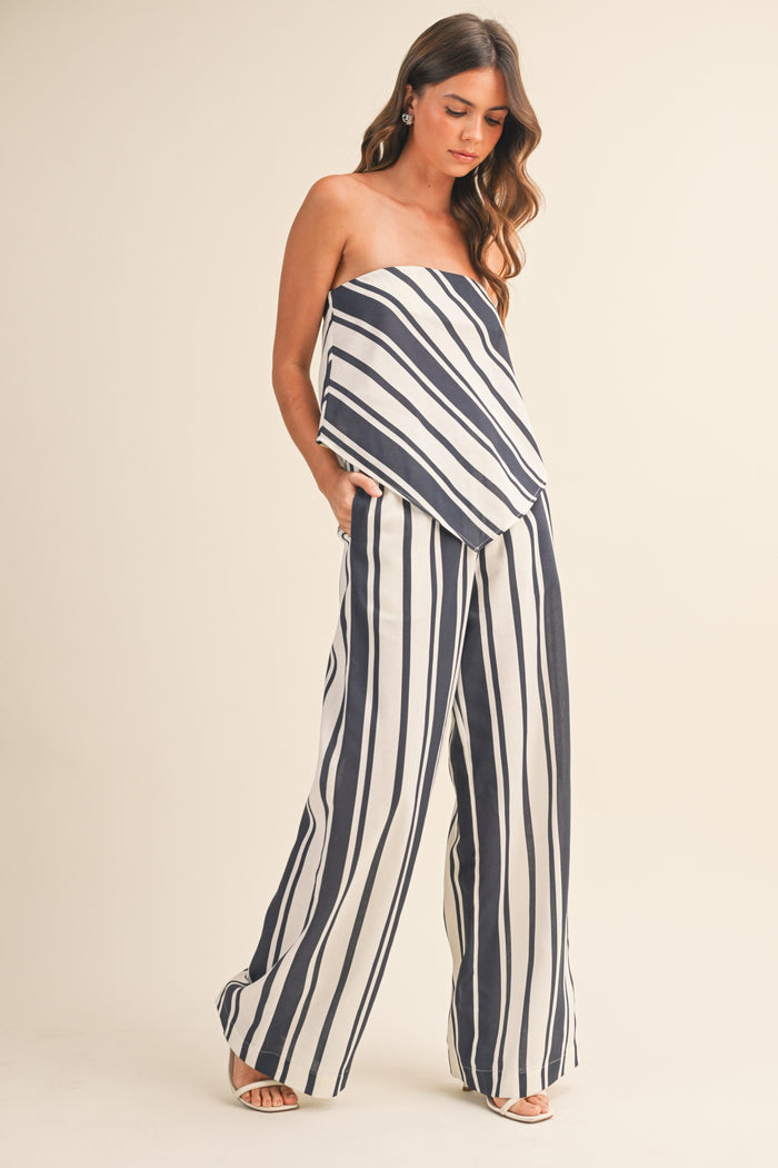 Striped Linen Tube Top And Wide Leg Pants Set