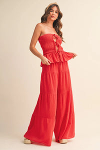 Strapless Peplum Top With Tiered Wide Leg Pants