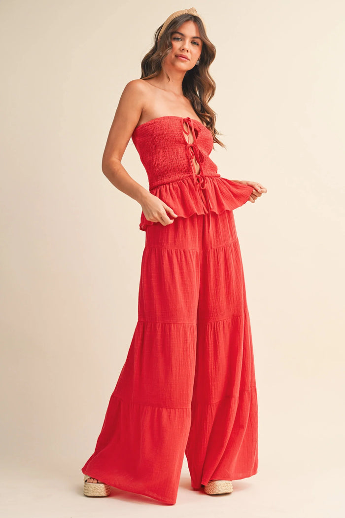Strapless Peplum Top With Tiered Wide Leg Pants