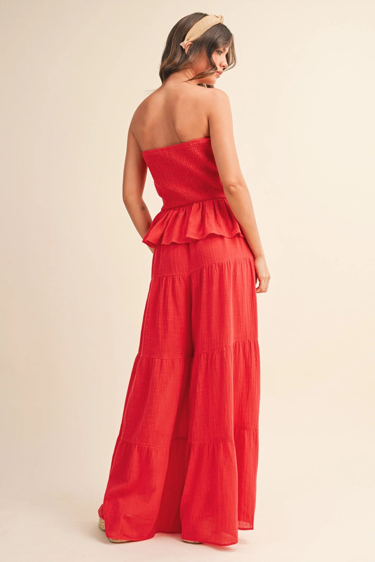 Strapless Peplum Top With Tiered Wide Leg Pants