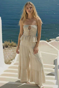 Strapless Peplum Top With Tiered Wide Leg Pants