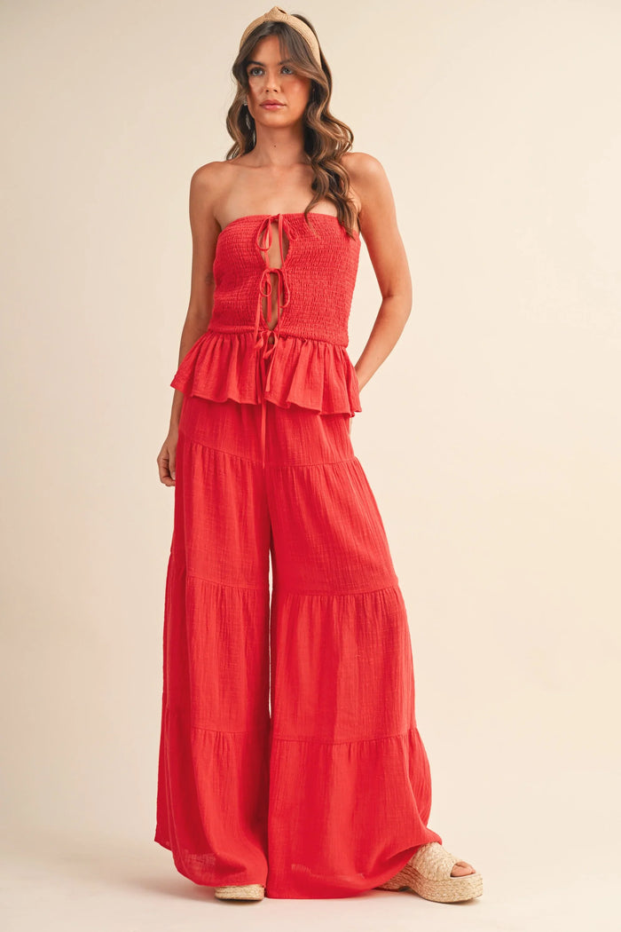 Strapless Peplum Top With Tiered Wide Leg Pants