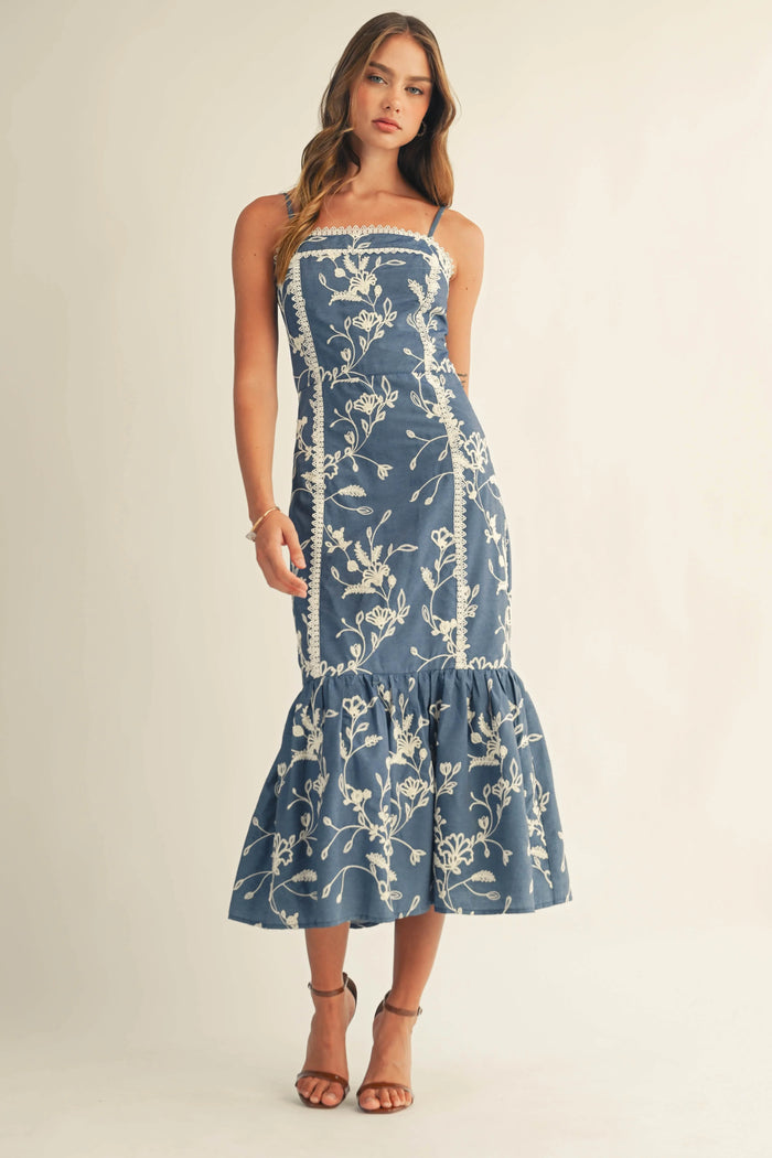 Fitted Floral Midi Dress with Spaghetti Straps