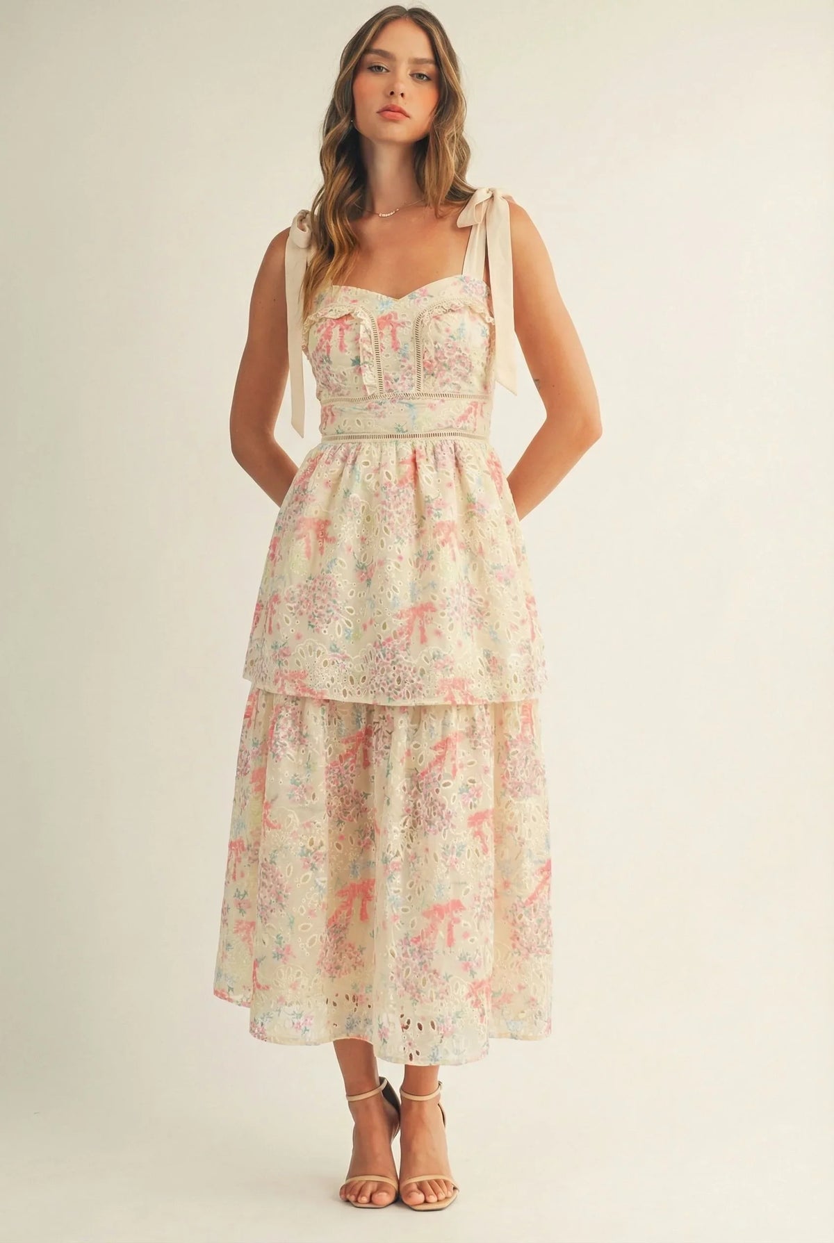 Floral Eyelet Strap-detail Midi Dress