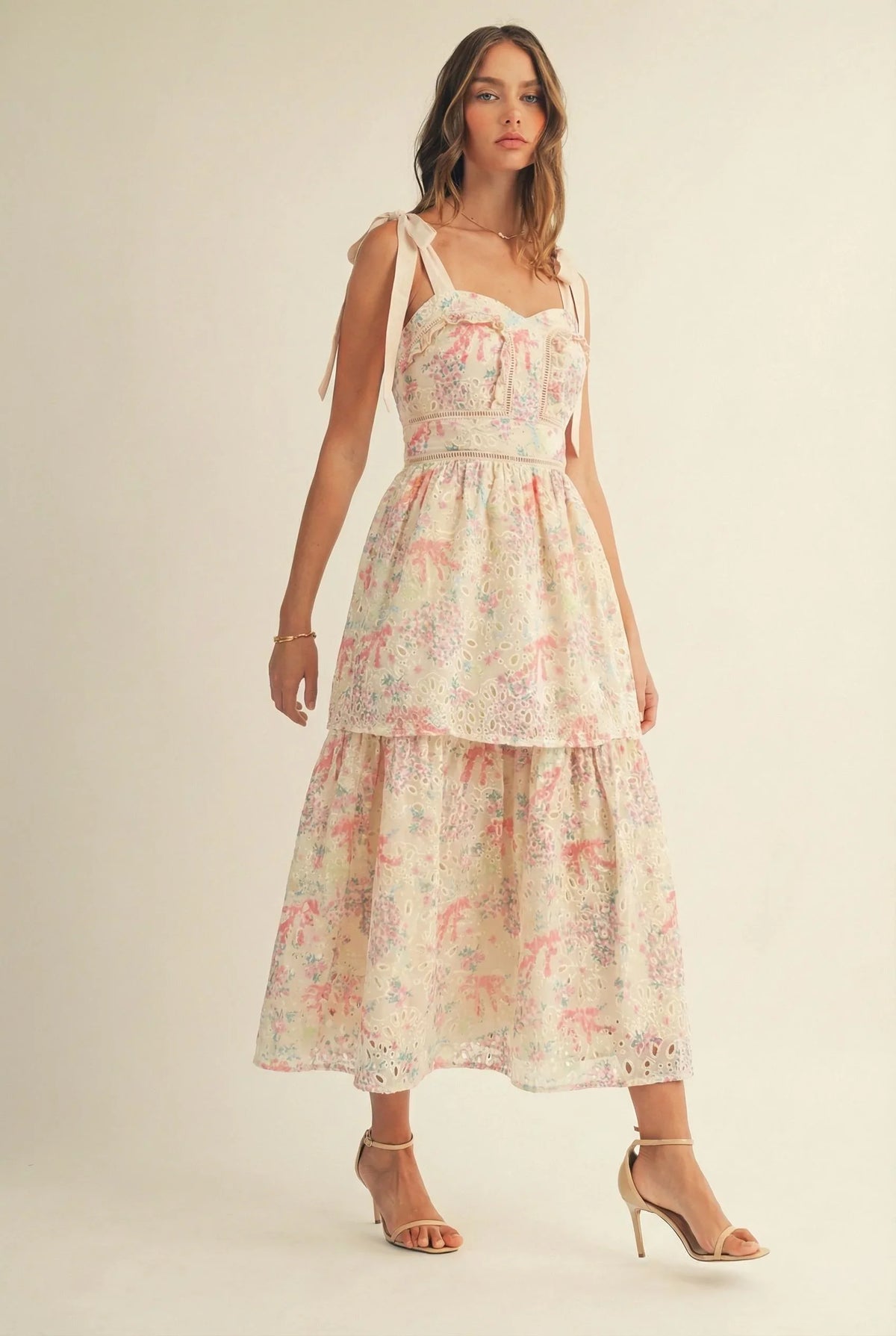 Floral Eyelet Strap-detail Midi Dress