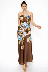 Floral Strapless Satin Top & Maxi Skirt Set