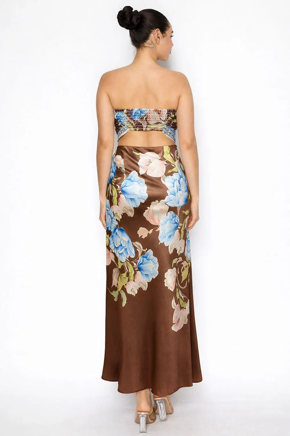 Floral Strapless Satin Top & Maxi Skirt Set