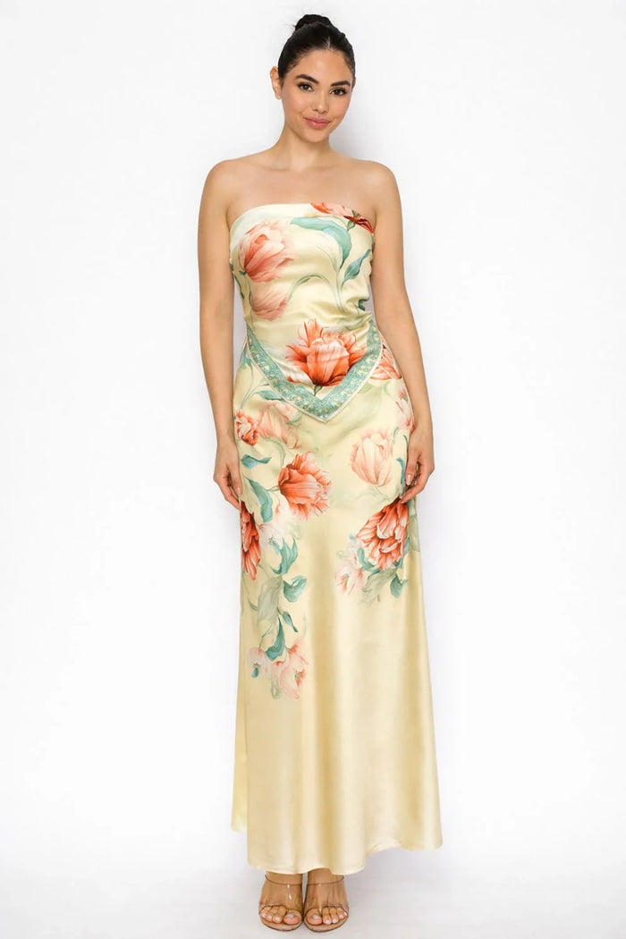 Floral Strapless Satin Top & Maxi Skirt Set