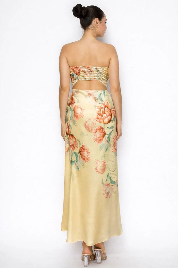 Floral Strapless Satin Top & Maxi Skirt Set
