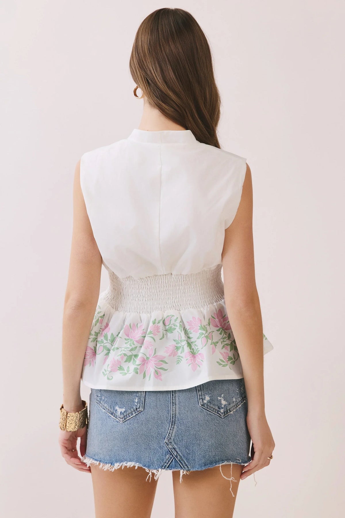 Floral Print Sleeveless Smocked Waist Top