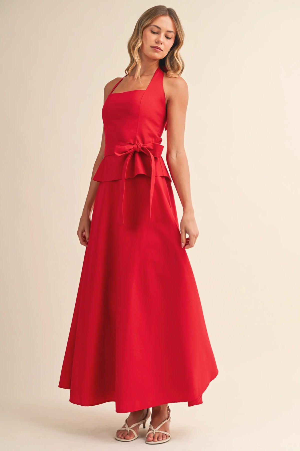 Square Neck Belted Halter Top And Flare Maxi Skirt