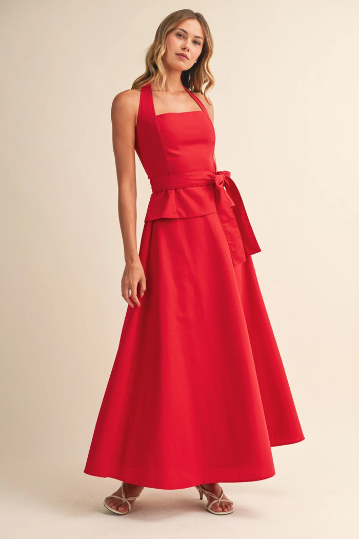 Square Neck Belted Halter Top And Flare Maxi Skirt