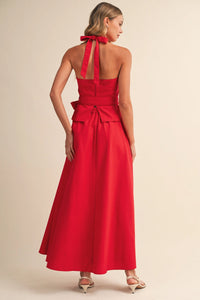 Square Neck Belted Halter Top And Flare Maxi Skirt
