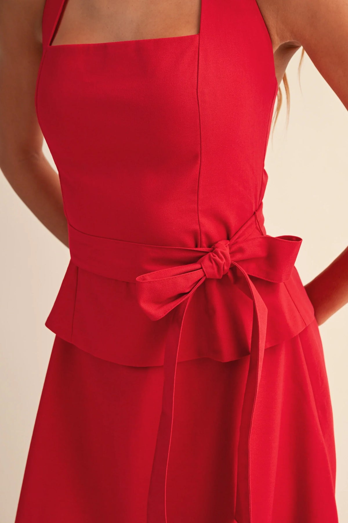 Square Neck Belted Halter Top And Flare Maxi Skirt