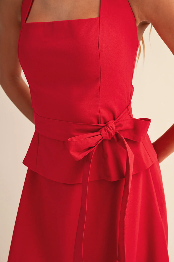 Square Neck Belted Halter Top And Flare Maxi Skirt