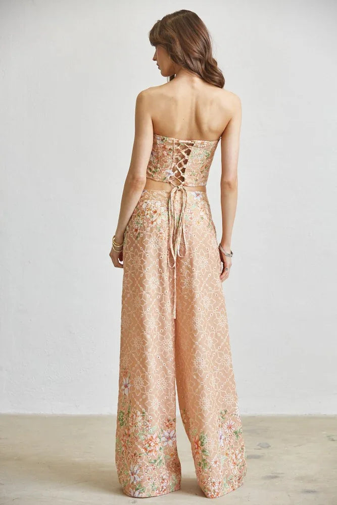 Floral Eyelet Corset Top & Wide Leg Pant 2-Piece Set