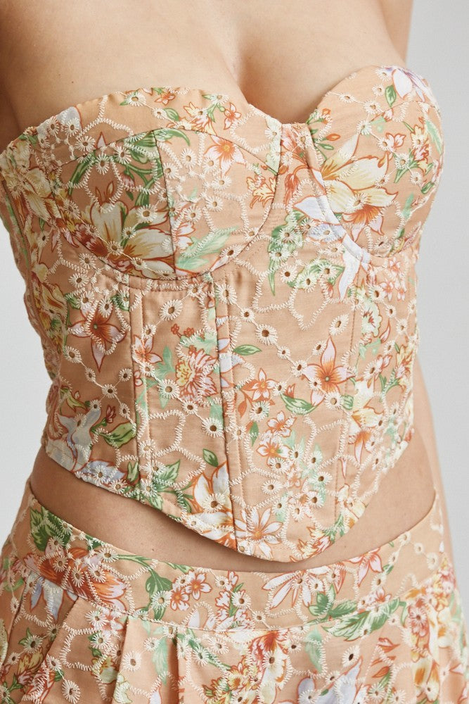 Floral Eyelet Corset Top Pant 2-pc Set