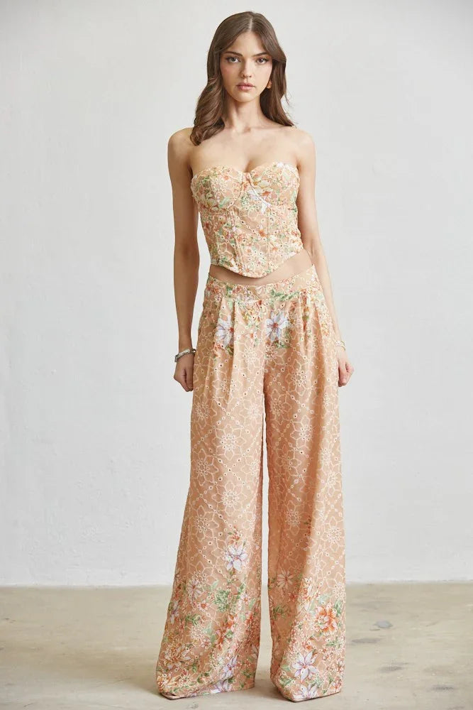 Floral Eyelet Corset Top & Wide Leg Pant 2-Piece Set