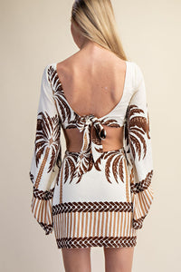 Open Back Long Sleeve Palm Tree Print Mini Dress - Brown