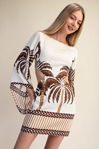 Open Back Long Sleeve Palm Tree Print Mini Dress - Brown