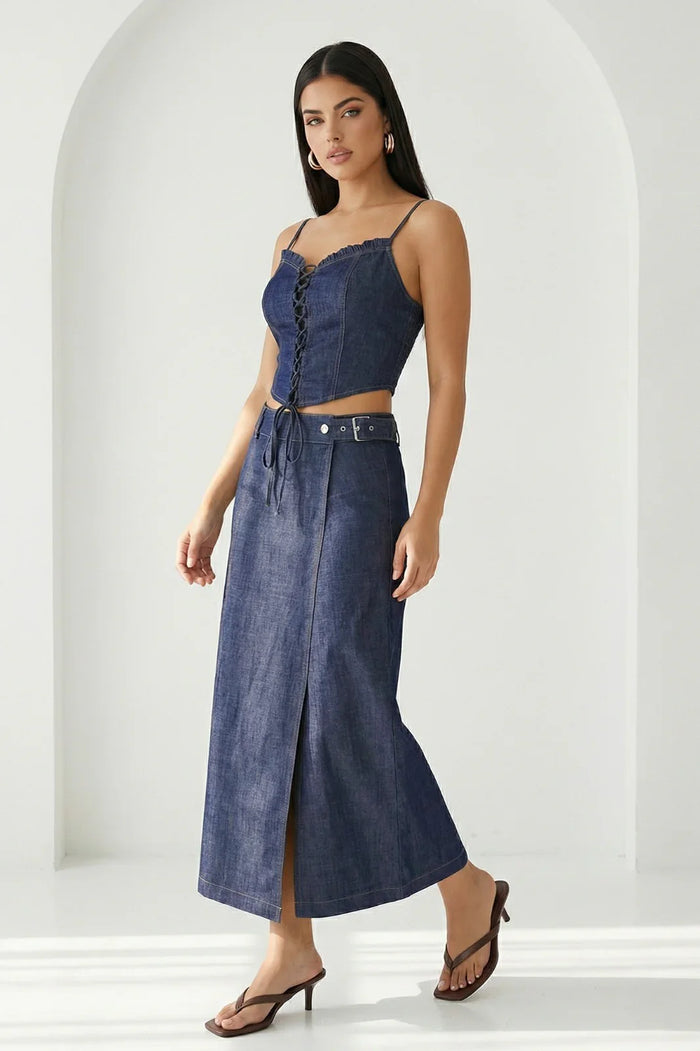 Drawstring Denim Top And Skirt Set