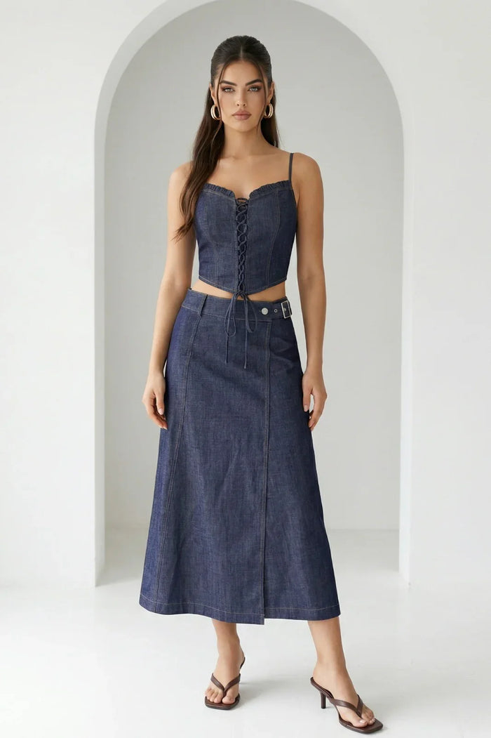 Drawstring Denim Top And Skirt Set