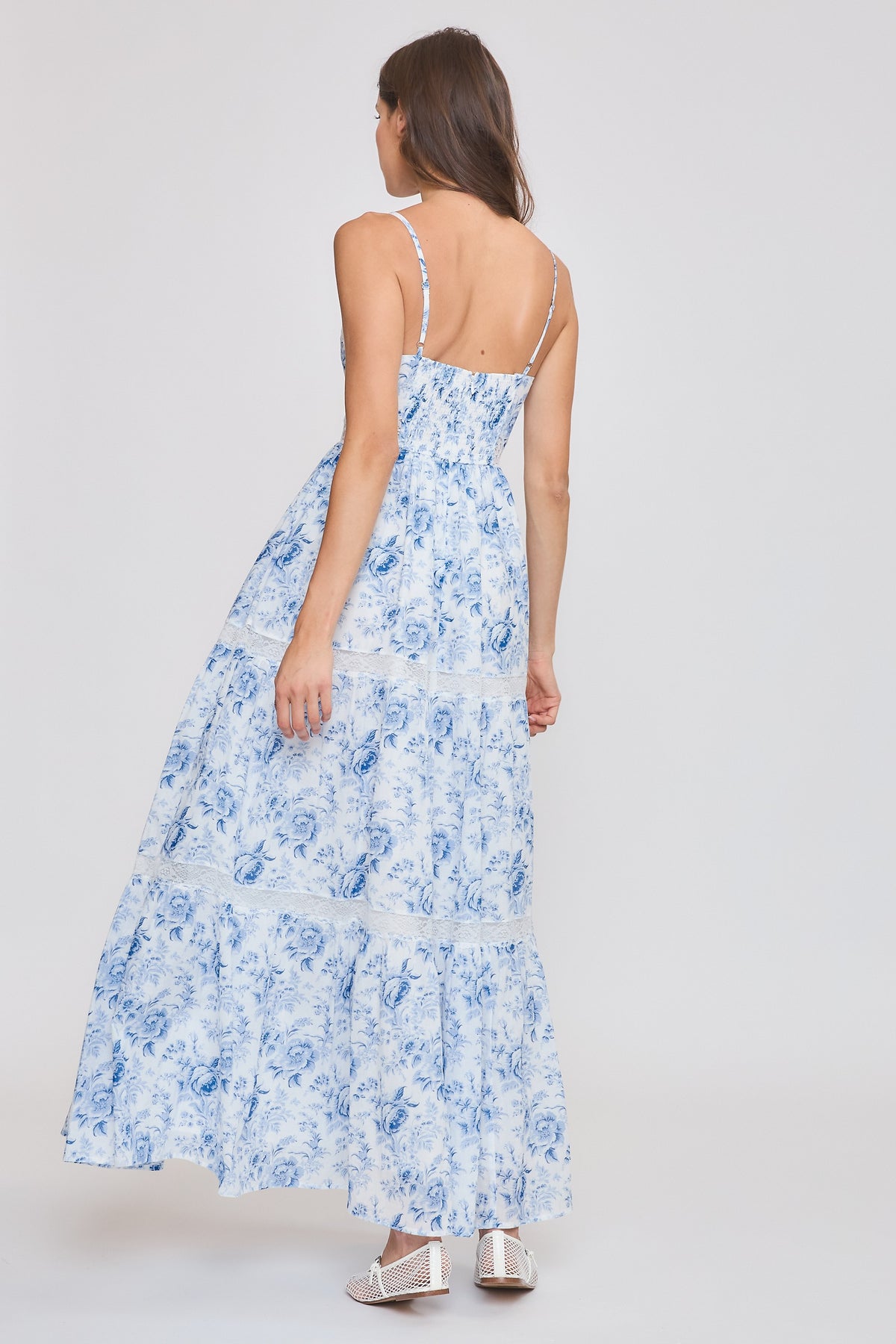 BLUE ROSE FLORAL MAXI DRESS WITH LACE TRIM