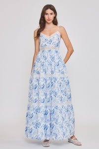 BLUE ROSE FLORAL MAXI DRESS WITH LACE TRIM