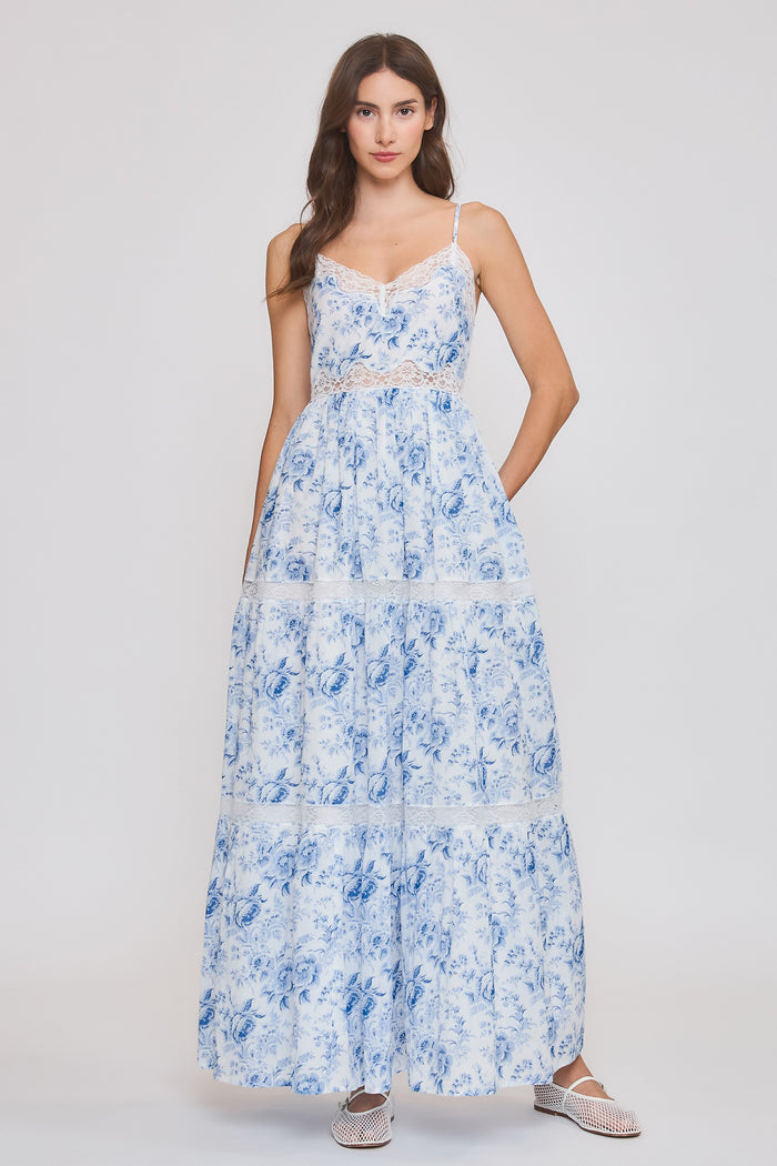 BLUE ROSE FLORAL MAXI DRESS WITH LACE TRIM