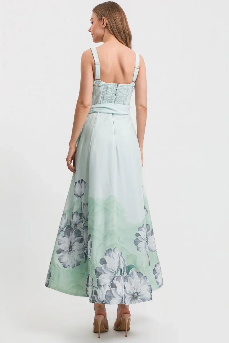 Flower Print Adjustable Strap Waist Tie Dress