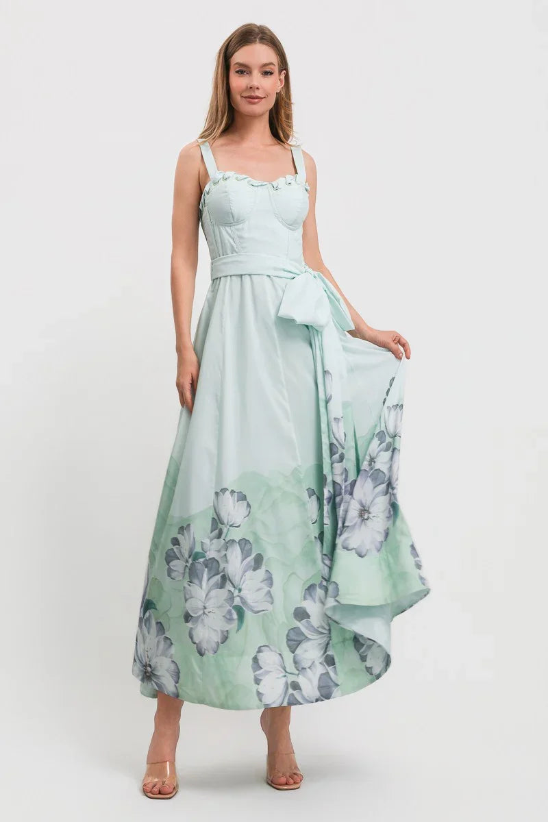 Flower Print Adjustable Strap Waist Tie Dress