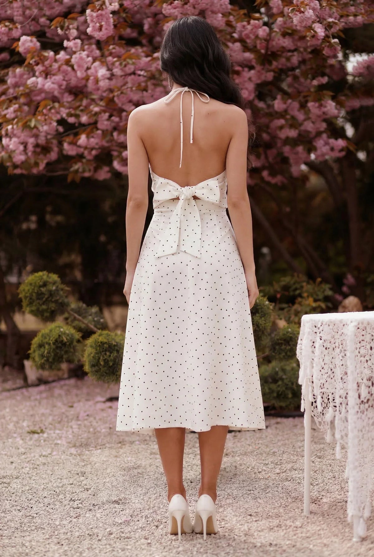 Spring Polka Dot Flower Bow Midi Dress