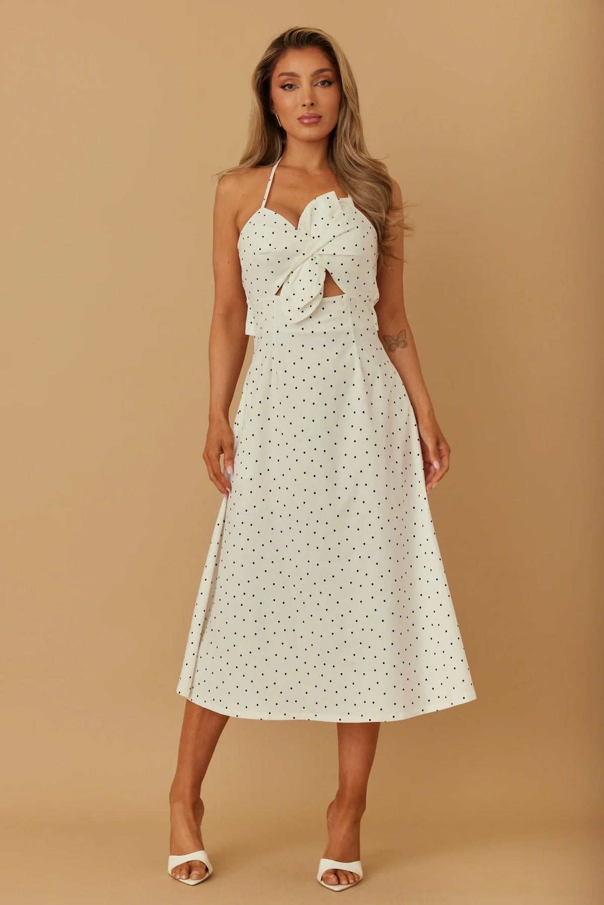 Spring Polka Dot Flower Bow Midi Dress