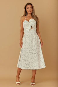Spring Polka Dot Flower Bow Midi Dress