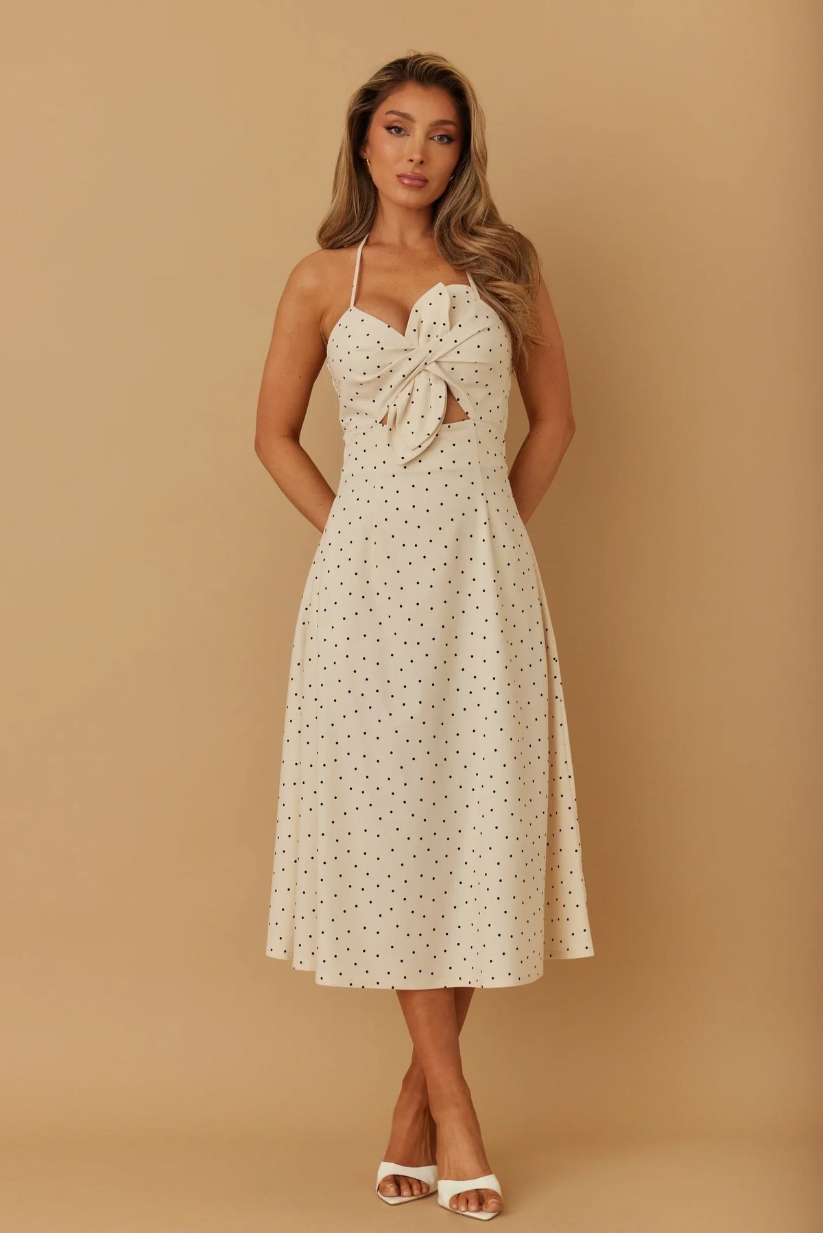 Spring Polka Dot Flower Bow Midi Dress
