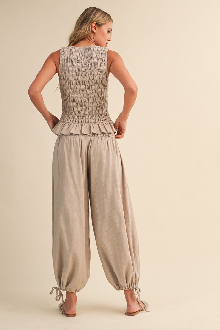 Button-front Smocked Top And Pants With Tie Hem Set