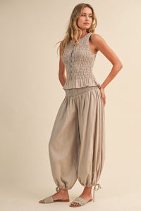 Button-front Smocked Top And Pants With Tie Hem Set