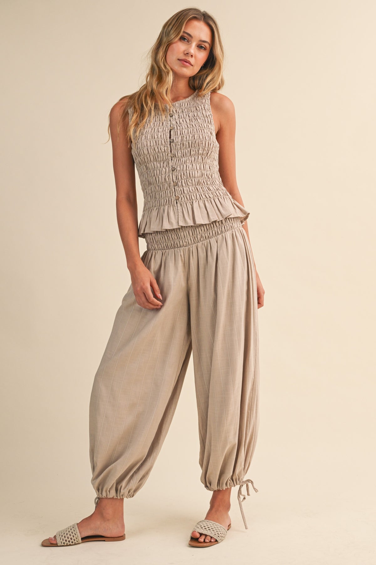 Button-front Smocked Top And Pants With Tie Hem Set