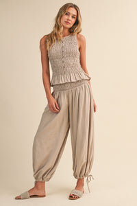 Button-front Smocked Top And Pants With Tie Hem Set