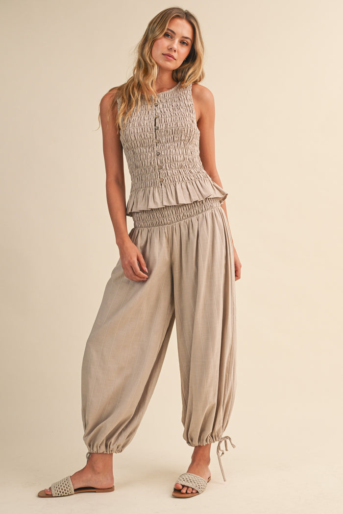 Button-front Smocked Top And Pants With Tie Hem Set