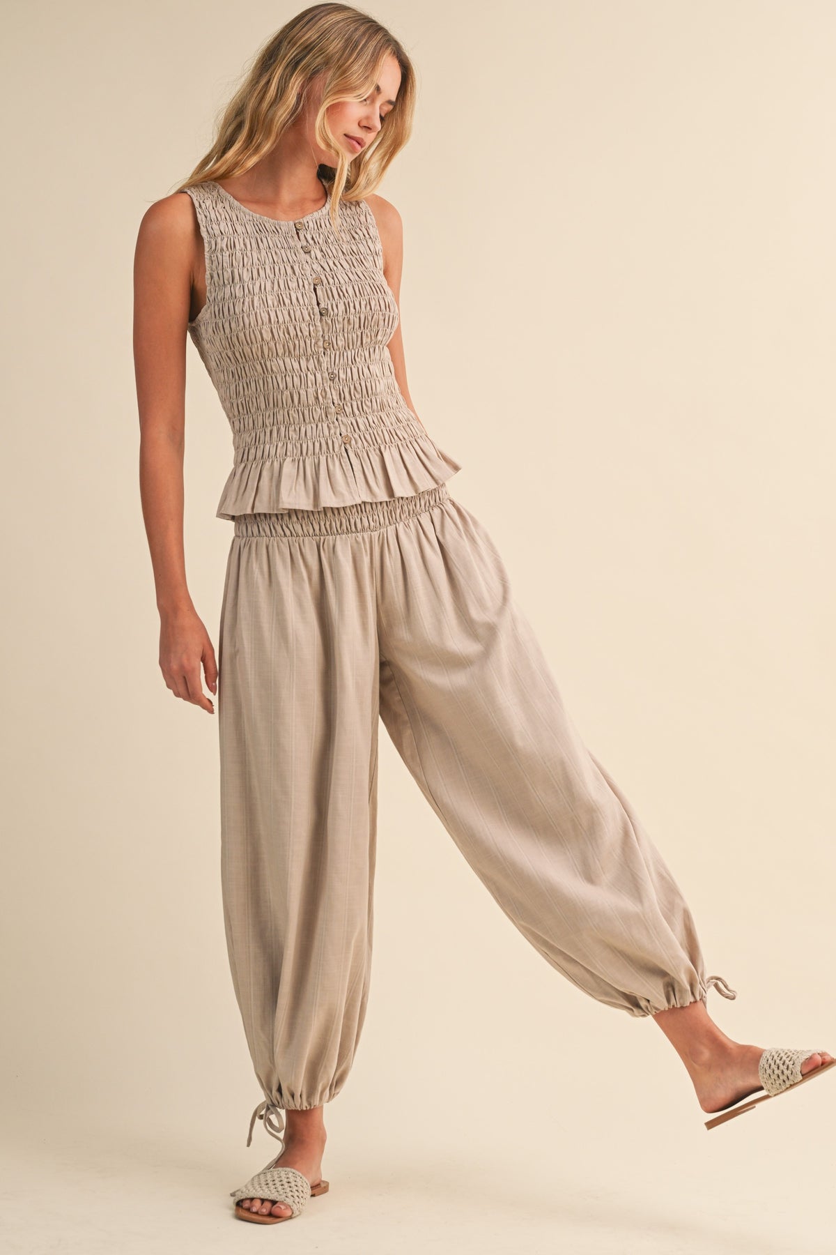 Button-front Smocked Top And Pants With Tie Hem Set