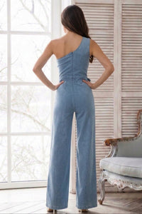 Emelli Flower Detail Denim One-Shoulder Jumpsuit