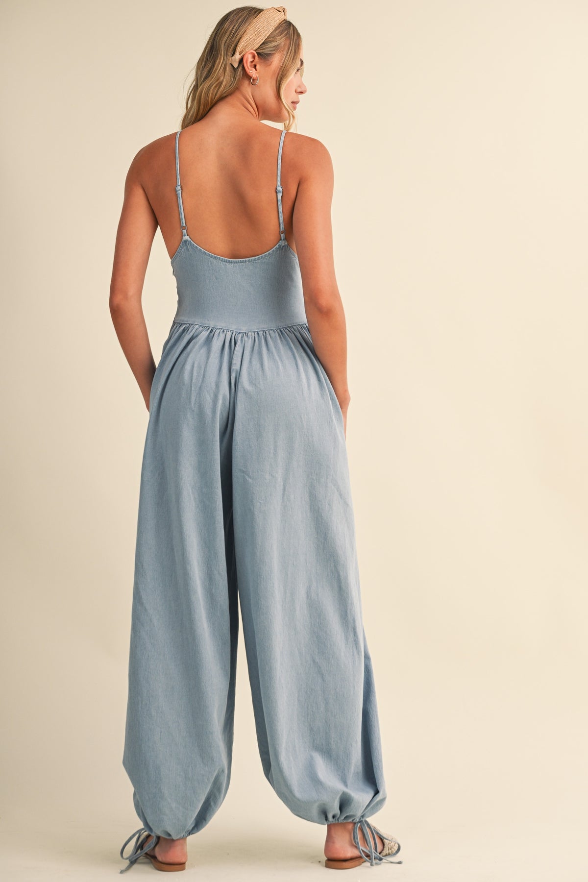 Denim Plunge Neck Corset Top Balloon Pants Jumpsuit