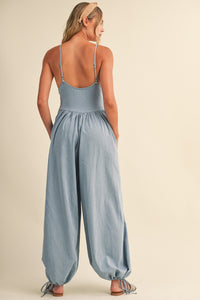 Denim Plunge Neck Corset Top Balloon Pants Jumpsuit