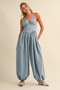 Denim Plunge Neck Corset Top Balloon Pants Jumpsuit