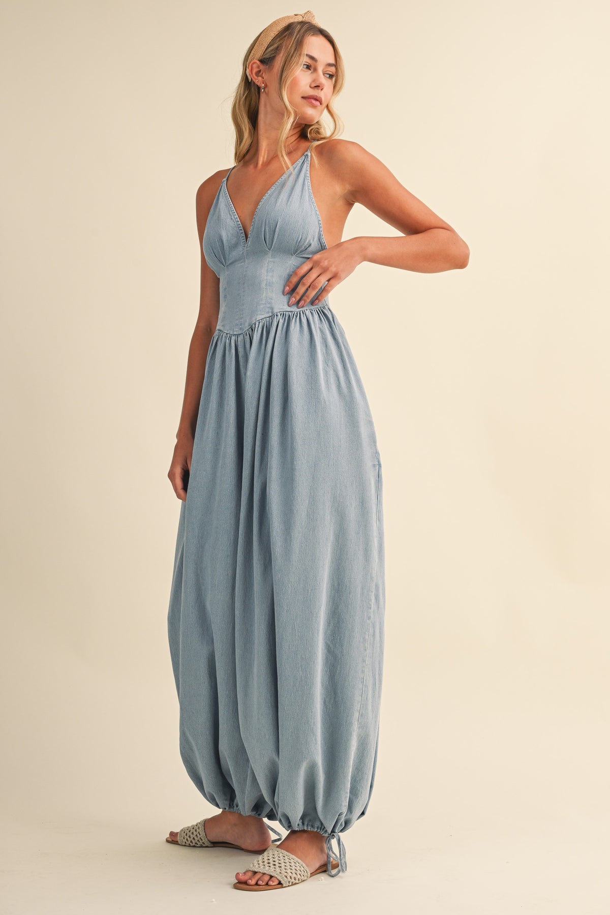 Denim Plunge Neck Corset Top Balloon Pants Jumpsuit