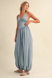 Denim Plunge Neck Corset Top Balloon Pants Jumpsuit