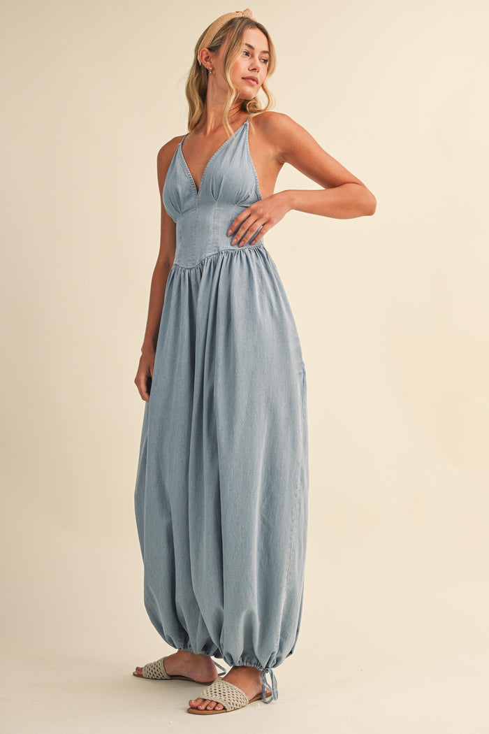 Denim Plunge Neck Corset Top Balloon Pants Jumpsuit