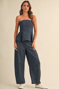 Pinstripe Denim Pleated Peplum Top & Barrel Pants Set