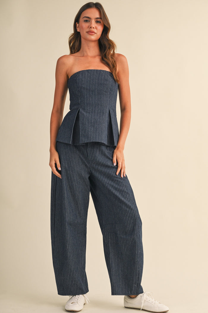 Pinstripe Denim Pleated Peplum Top & Barrel Pants Set